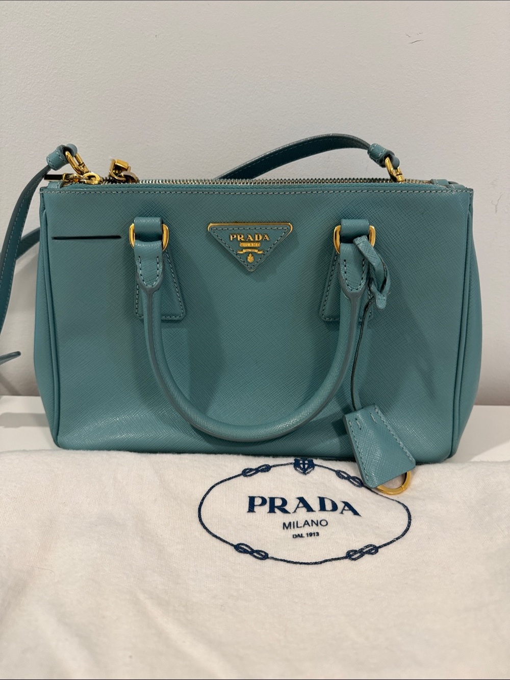 Prada Saffiano Leather Satchel in Aqua Blue with Gold Hardware (rare colour)